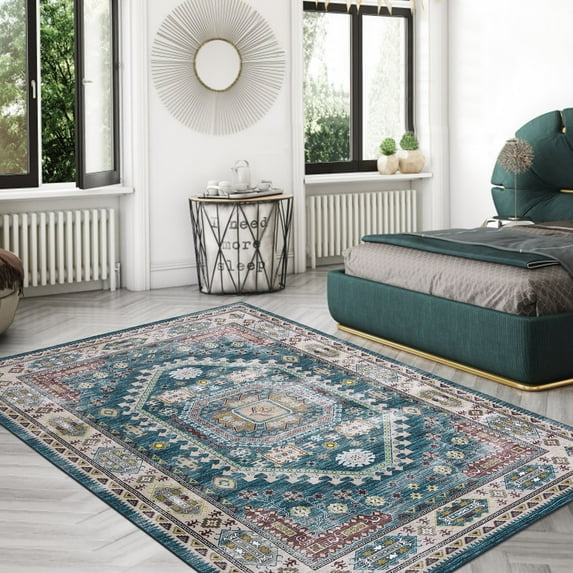 ZACOO 9' x 12' Large Area Rug for Living Room Bedroom Vintage Persian Distressed Rug Floral Print Rug Non-Slip Low Pile Foldable Thin Rug, Blue