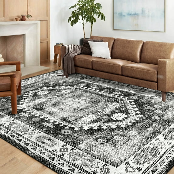 ZACOO 9' x 12' Large Area Rug for Living Room Bedroom Vintage Persian Distressed Rug Floral Print Rug Non-Slip Low Pile Foldable Thin Rug, Gray Black