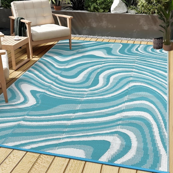 ZACOO 9'x12' Abstract Wave Outdoor Rug, Waterproof UV Resistant Patio Mat for Balcony Deck RV, Blue