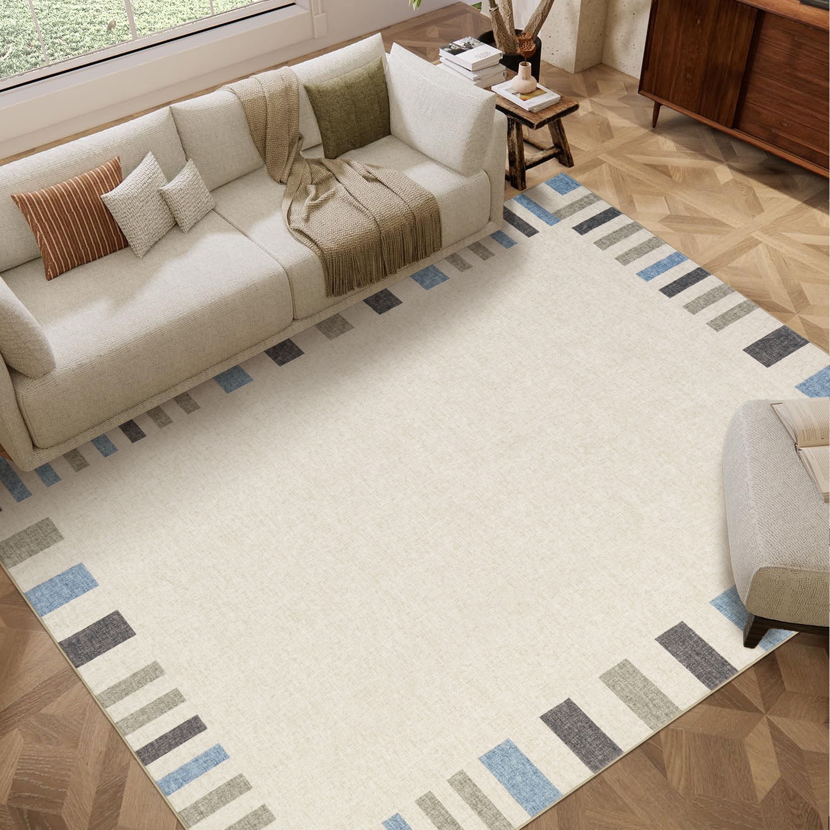 Beige Border Rug ZACOO 9'x12' Border Area Rug, Machine Washable Ultra‑Thin Low Pile Non ...