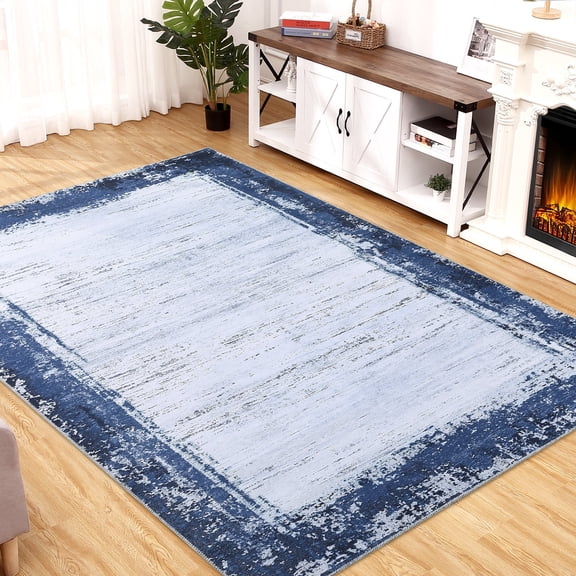 ZACOO 9'x12' Distressed Gradient Border Area Rug, Low Pile Stain Resistant Machine Washable Rug for Large Living Dining Open Space, Navy Blue