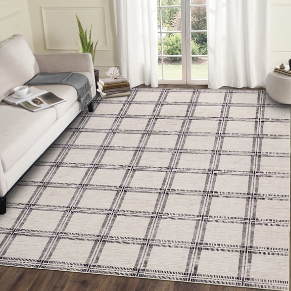 ZACOO 9'x12' Machine Washable Area Rug, Non‑Slip Ultra Thin Plaid Grid Printed Carpet for Living Room Dining Room, Beige