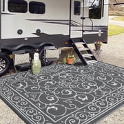 ZACOO 9x12 Ornate Scrollwork Outdoor Rug, Waterproof UV Resistant Patio Mat for Deck RV Balcony, Gray White