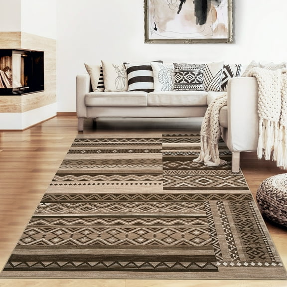 ZACOO 9'x12' Rug Washable Rugs Geometric Patchwork Rug Non Slip Rug Foldable Low Pile Carpet for Bedroom Living Room,Brown