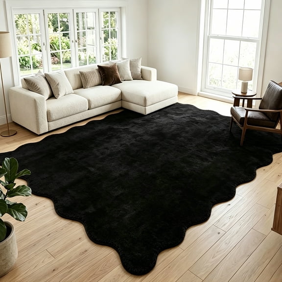 ZACOO 9'x12' Solid Plush Long Pile Machine Washable Area Rug, Scalloped Edge Non Slip Ultra-Soft Carpet for Living Room Dining Room, Black
