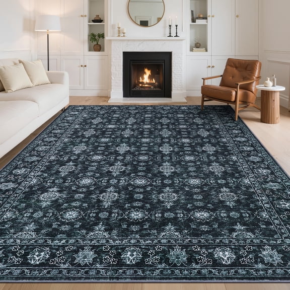 ZACOO 9'x12' Vintage Area Rug, Machine Washable Ultra‑Thin Non‑Slip Floral Border Printed Carpet for Living Room Dining Room, Grey