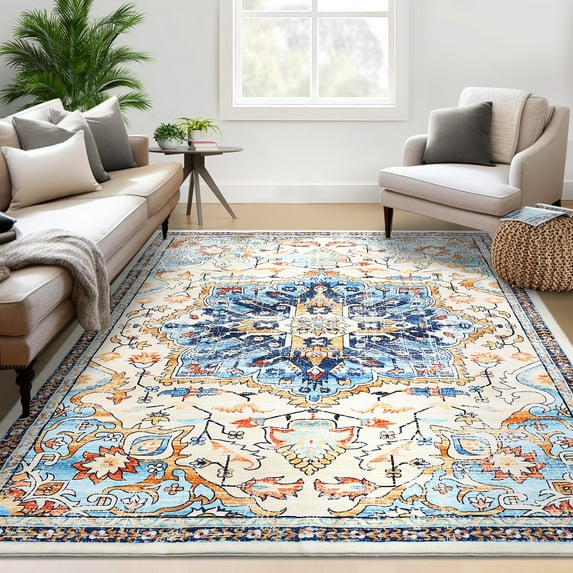 ZACOO 9'x12' Vintage Boho Large Area Rug for Living Room Bedroom Stain Resistant Carpet for Dining Room Machine Washable Area Rug Soft Foldable Rug Multi