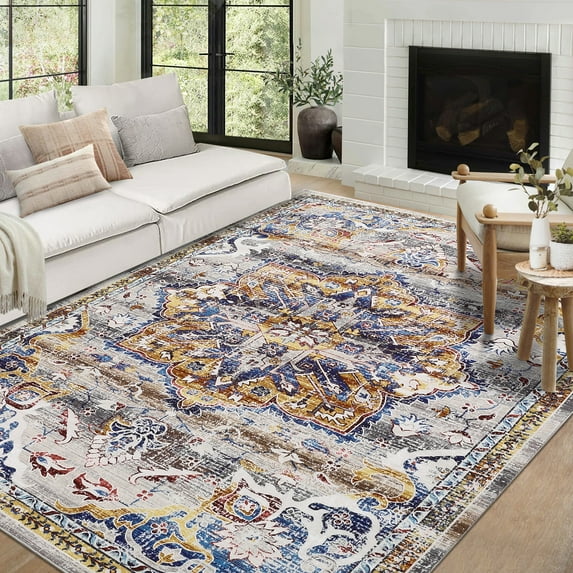 ZACOO 9'x12' Vintage Boho Large Area Rug for Living Room Bedroom Stain Resistant Carpet for Dining Room Machine Washable Area Rug Soft Foldable Rug Blue/Beige