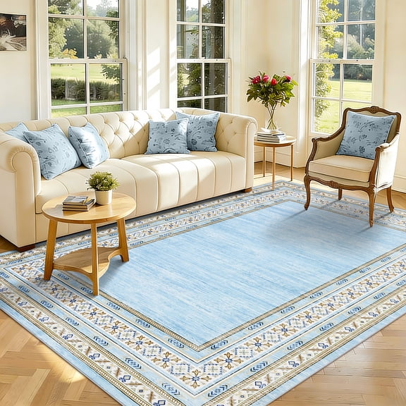 ZACOO 9'x12' Vintage Floral Bordered Area Rug, Thin Washable Anti-Slip Floor Geometric Rug for Living Dining Room Home Decoration, Light Blue