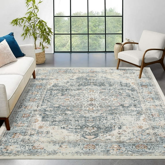 ZACOO 9'x12' Vintage Oriental Distressed Farmhouse Large Rug Thin Indoor Carpet Distressed Floral Print Indoor Mat for Living Room Office, Grey Green