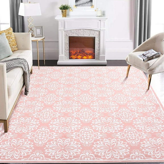 ZACOO 9x12 Distressed Floral Pattern Large Area Rug Low Pile Neutral Soft Nursery Rug Non Slip Farmhouse Floor Cover, Pink