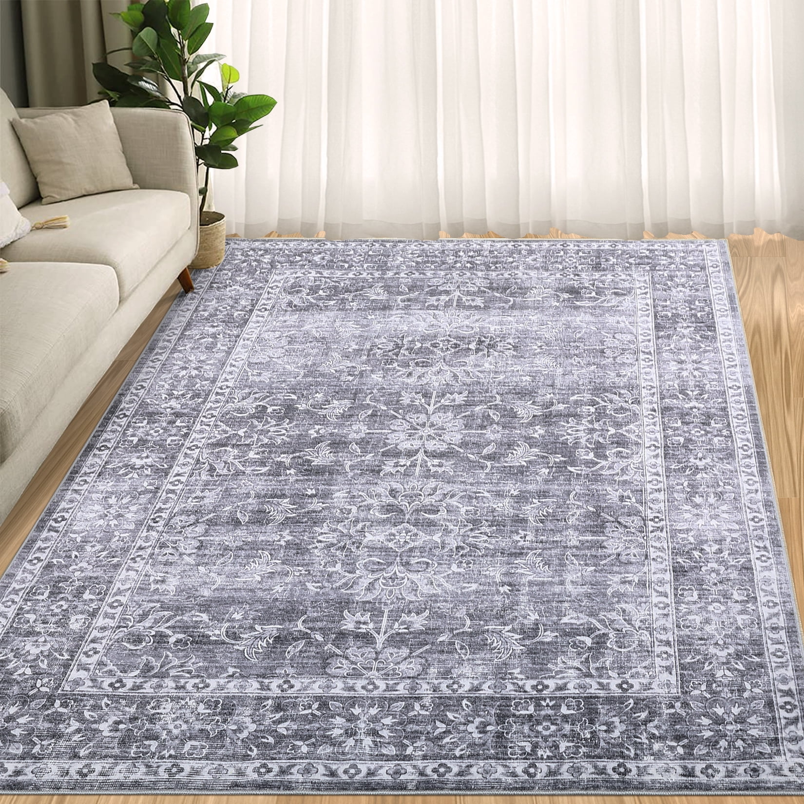 ZACOO 9x12 Distressed Floral Pattern Large Area Rug Low Pile Soft ...