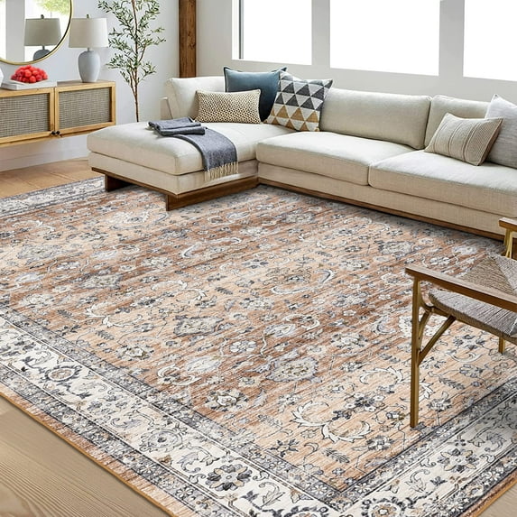 ZACOO 9x12 Living Room Area Rug Boho Accent Throw Large Floor Covers Washable Rug Non-Slip Stain Resistant Vintage Carpet Rug for Bedroom Home Office, Brick Red