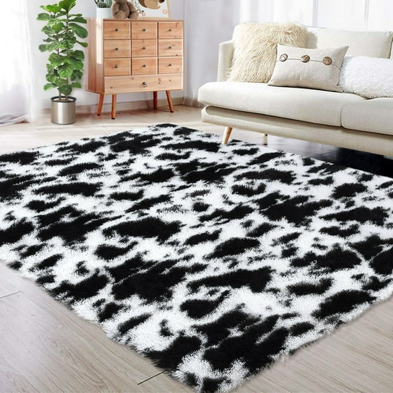 ZACOO 9x12 Ultra-Soft Shaggy Area Rug Modern Thick Plush Tie-Dyed Rug Ideal for Kids' Room Nursery Playroom Dorm Black and White