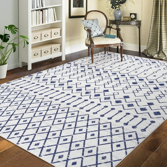 ZACOO Area Rug 5x7 Machine Washable Rug Modern Boho Area Rug Non-Slip Rug Soft Throw Rugs for Office, Cream/Blue