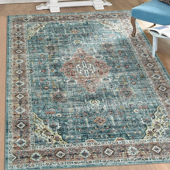 ZACOO Area Rug 5x7 Vintage Machine Washable Area Rug Indoor Foldable Accent Rug for Living Room Bedroom Dining Room Non-Slip Low Pile Rug, Green/Brown