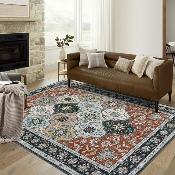 ZACOO Area Rug 5x7 Washable Rugs for Living Room Distressed Vintage Trellis Area Rug for Bedroom, Red