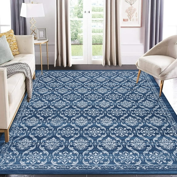 ZACOO Boho Floral Print Rug 3x5 Area Rug Entryway Rug Washable Rug Non-Slip Low Pile Rug, Blue