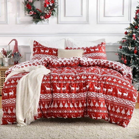 ZACOO Christmas Duvet Cover Queen, Soft Microfiber Red White Reversible Printed Comforter Cover Set Christmas Reindeer and Tree Holiday Decorative Bedding