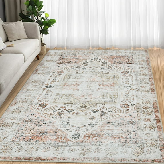 ZACOO Large Area Rug 9 x 12 feet Flower Print Rug Persian Distressed Carpet Indoor Floor Cover Low Pile Non-Slip Stain Resistant Rug for Living Room Bedroom, Taupe