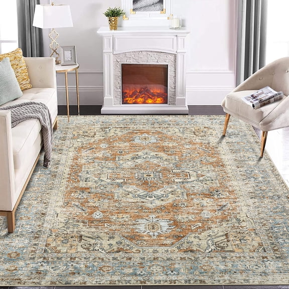 ZACOO Machine Washable Area Rug Traditional Print Rug 6x9 Area Rug for Living Room Bedroom Non-Slip Low Pile Rug, Orange