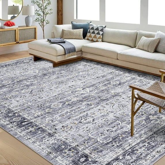 ZACOO Machine Washable Area Rug Vintage Print Rug 6x9 Area Rug for Living Room Bedroom Stain Resistant Carpet forNursery, Blue Grey