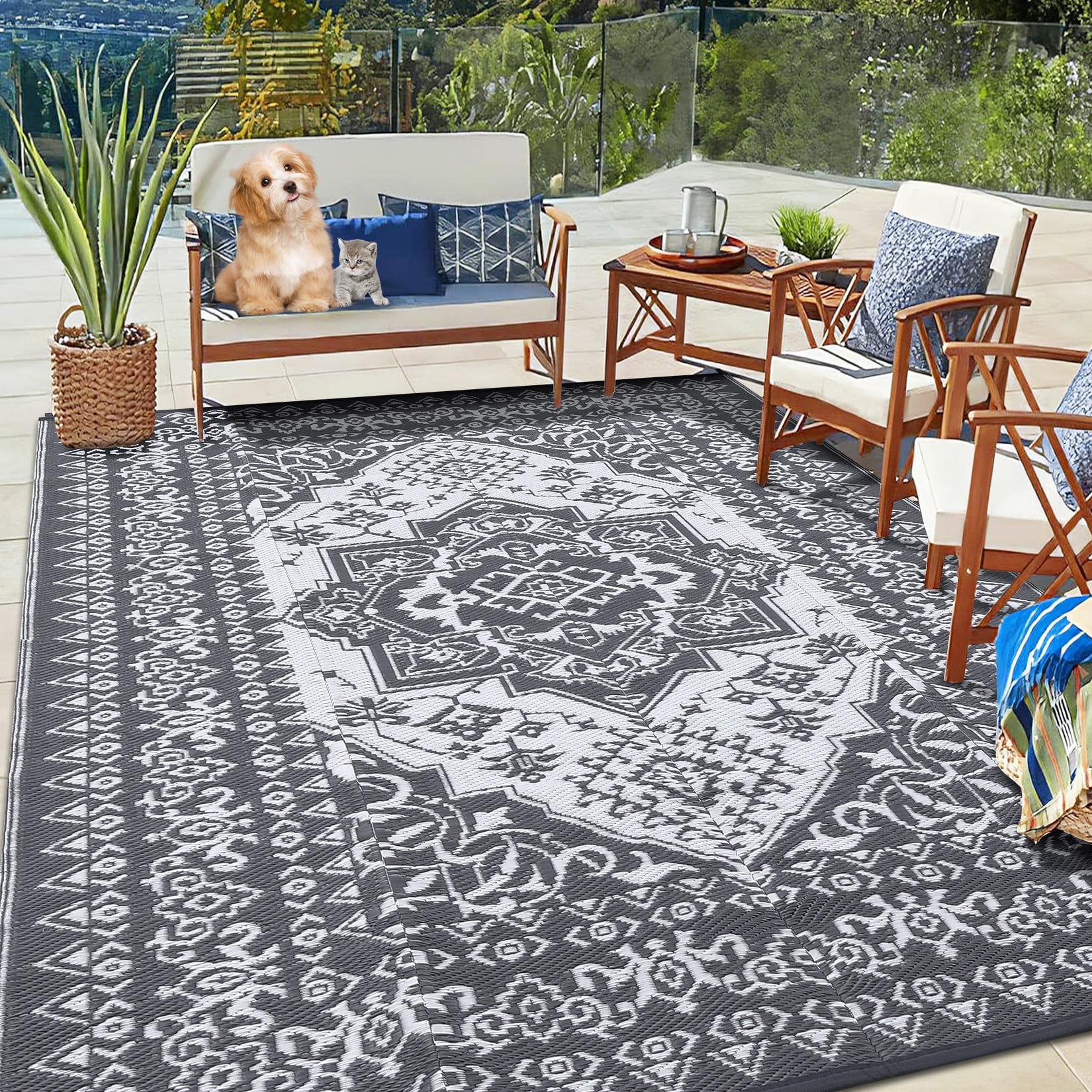 ZACOO Outdoor Reversible Mats Geometric Plastic Straw Rug Waterproof 9x12 Feet Reversible Patio Rug Outdoor Camping Rug for Beach, Grey/White