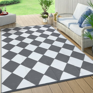 ZACOO Outdoor Rug Modern Geometric Waterproof 5x8 Feet Reversible Patio Rug Outdoor Camping Rug for Backyard Deck Balcony Porch Beach, Grey/White