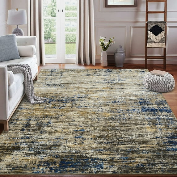 ZACOO Washable Area Rug 5' x 7' Contemporary Stain Resistant Non-Slip Accent Rug for Dining Bedroom Decor, Navy/Taupe