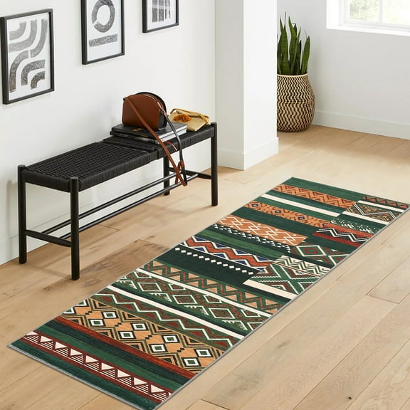 ZACOO Washable Rug 2'x6' Runner Rug Non Slip Rug Geometric Patchwork Rug Foldable Low Pile Carpet for Living Room Bedroom Entryway,Green Colorful