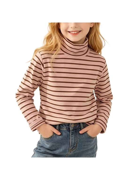 0-13Y Kids Striped Turtleneck Top Boys Girls Long Sleeve Base Layer Top, Fall Winter Soft Warm Striped High Neck Pullover