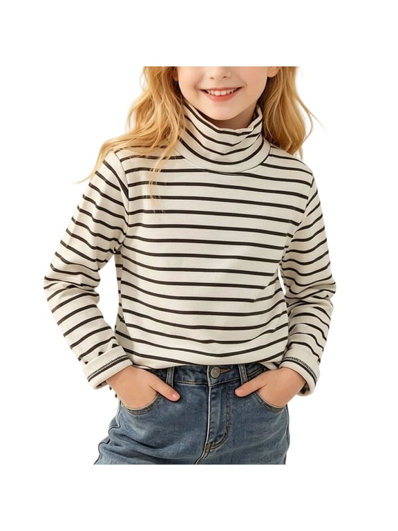 0-13Y Kids Striped Turtleneck Top Boys Girls Long Sleeve Base Layer Top, Fall Winter Soft Warm Striped High Neck Pullover