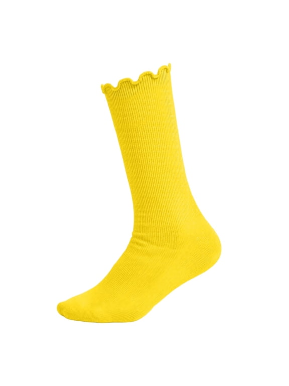 1 Pair Girls Ruffle Socks Cute Frilly Crew Socks for Toddler Kids Breathable Ribbed Knit Ankle Socks School Uniform Socks C-Yellow