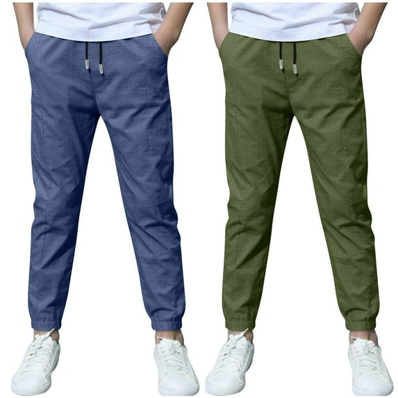 ZACPNCV 2 Pack Boys Linen Pants Summer Chino Pants Drawstring Trousers Lightweight Athletic Pant Casual Pant School Uniform Blue 12-13 Years
