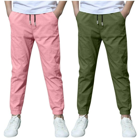 ZACPNCV 2 Pack Boys Linen Pants Summer Chino Pants Drawstring Trousers Lightweight Athletic Pant Casual Pant School Uniform Hot Pink 5-6 Years