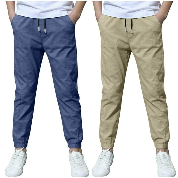 ZACPNCV 2 Pack Boys Linen Pants Summer Chino Pants Drawstring Trousers Lightweight Athletic Pant Casual Pant School Uniform Khaki 7-8 Years