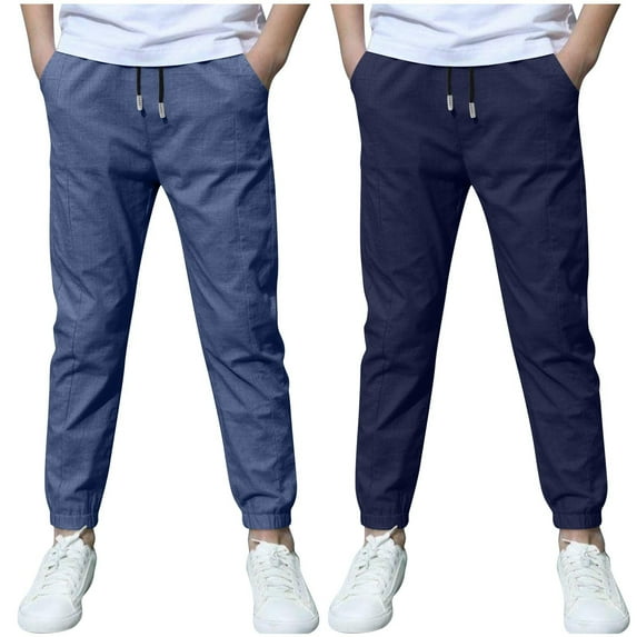 ZACPNCV 2 Pack Boys Linen Pants Summer Chino Pants Drawstring Trousers Lightweight Athletic Pant Casual Pant School Uniform Navy 9-10 Years