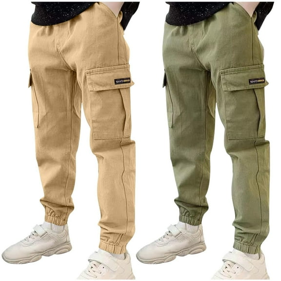 ZACPNCV 2PC Boys Cargo Pants Solid Color Cotton Pants Jogger Pants for Kids with Pockets Coffee 12-14 Years