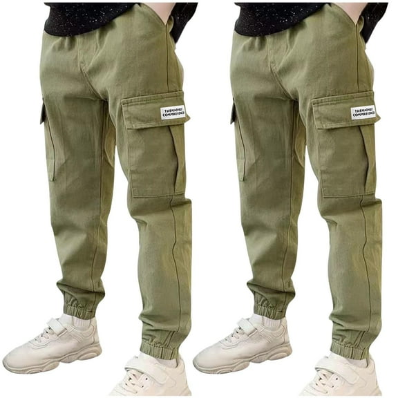 ZACPNCV 2PC Boys Cargo Pants Solid Color Cotton Pants Jogger Pants for Kids with Pockets Olive Green 12-14 Years