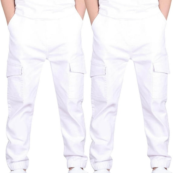 ZACPNCV 2PC Cargo Pants for Boys Elastic Waist Pull On Trousers Kids Casual Baggy Hiking Joggers Sweatpants Teen Boy Clothes White 10-11 Years