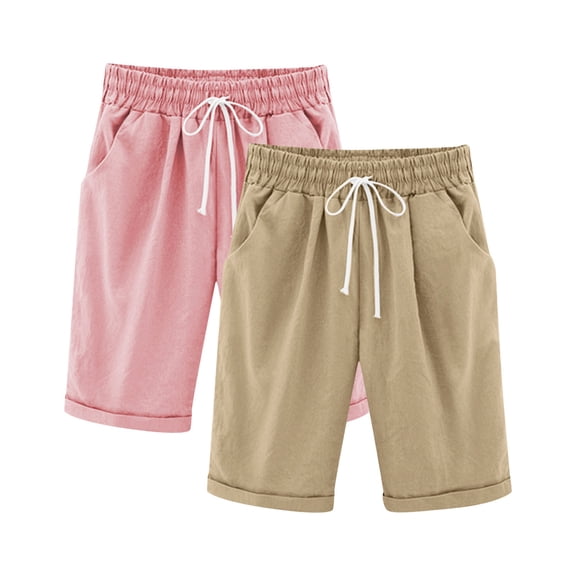 ZACPNCV 2PC Girls Casual Bermuda Shorts Kids Knee Length High Waisted Summer Shorts Comfy Drawstring Short Pants with Pockets Khaki 7-8 Years