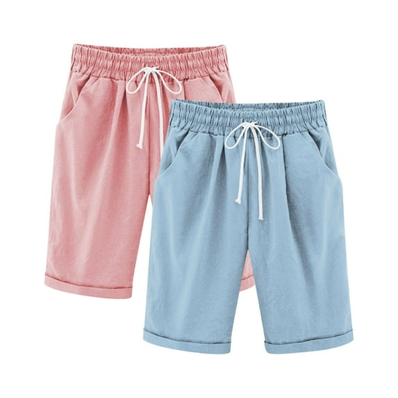ZACPNCV 2PC Girls Casual Bermuda Shorts Kids Knee Length High Waisted Summer Shorts Comfy Drawstring Short Pants with Pockets Light Blue 9-10 Years