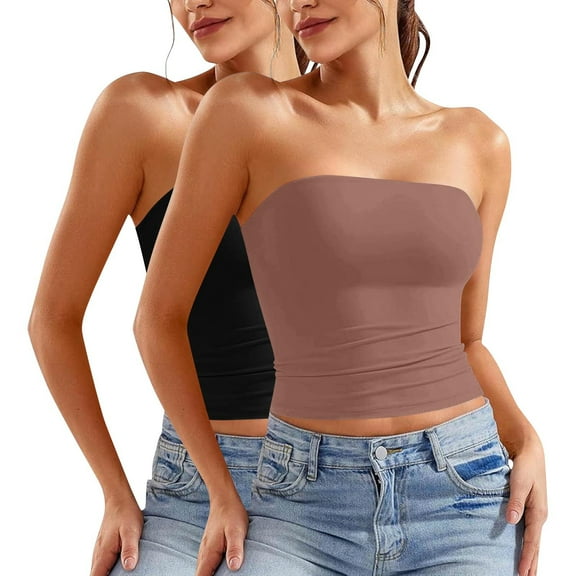 ZACPNCV 2PC Women's Shapewear Tube Tops Strapless Ruched Built-in Shelf Bra Casual Brown XL