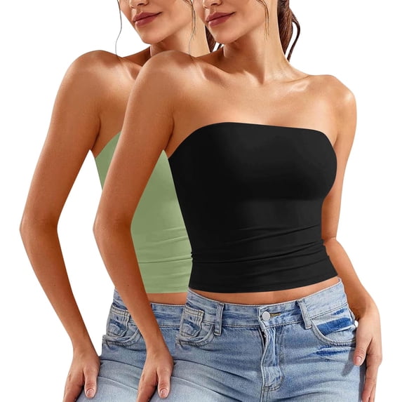 ZACPNCV 2PC Women's Shapewear Tube Tops Strapless Ruched Built-in Shelf Bra Casual Green 2XL