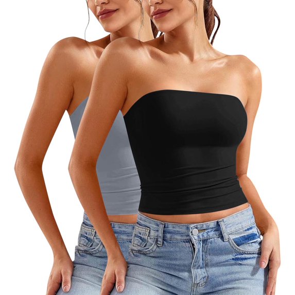 ZACPNCV 2PC Women's Shapewear Tube Tops Strapless Ruched Built-in Shelf Bra Casual Light Blue XL