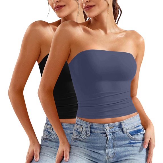 ZACPNCV 2PC Women's Shapewear Tube Tops Strapless Ruched Built-in Shelf Bra Casual Navy L