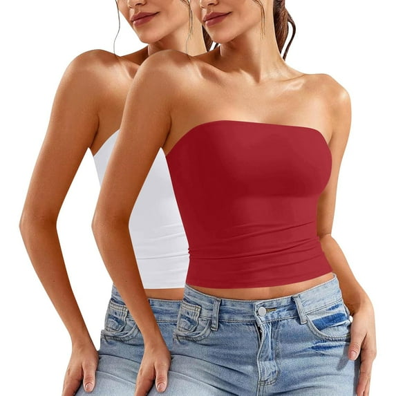 ZACPNCV 2PC Women's Shapewear Tube Tops Strapless Ruched Built-in Shelf Bra Casual Red L