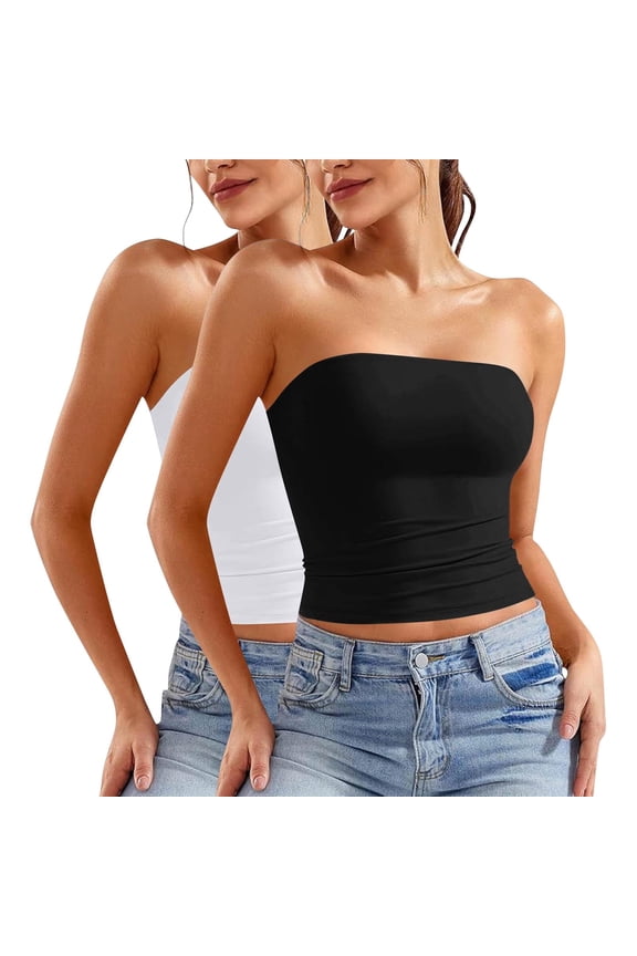 Lovskoo 2PC Women's Shapewear Tube Tops Strapless Ruched Built-in Shelf Bra Casual White S