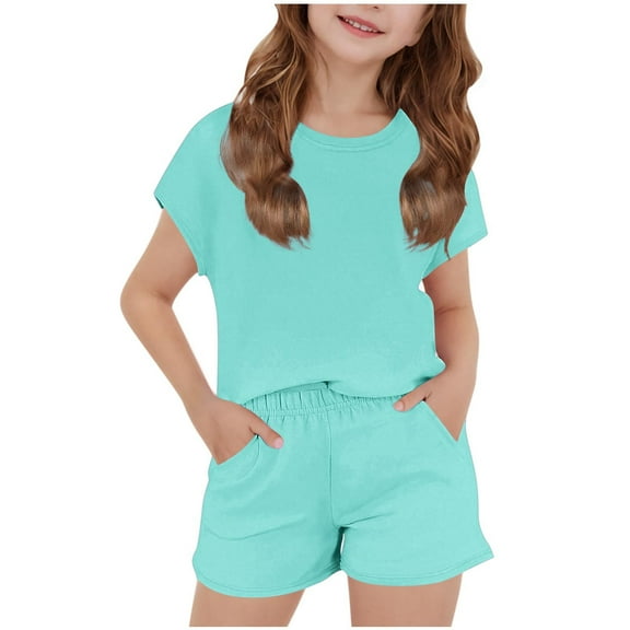 ZACPNCV 2PCS Baby Short Summer Pajamas Toddler Solid Color Pjs Kids Sleepwear Set Green 7-8 Years