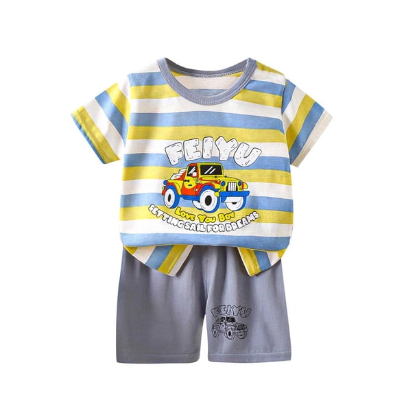 ZACPNCV 2PCS Toddler Baby Boy Summer Pajamas Outfit Short Sleeve Excavator Truck Print Smocked T-shirt Elastic Waist Shorts Summer Clothes 3-4 Years